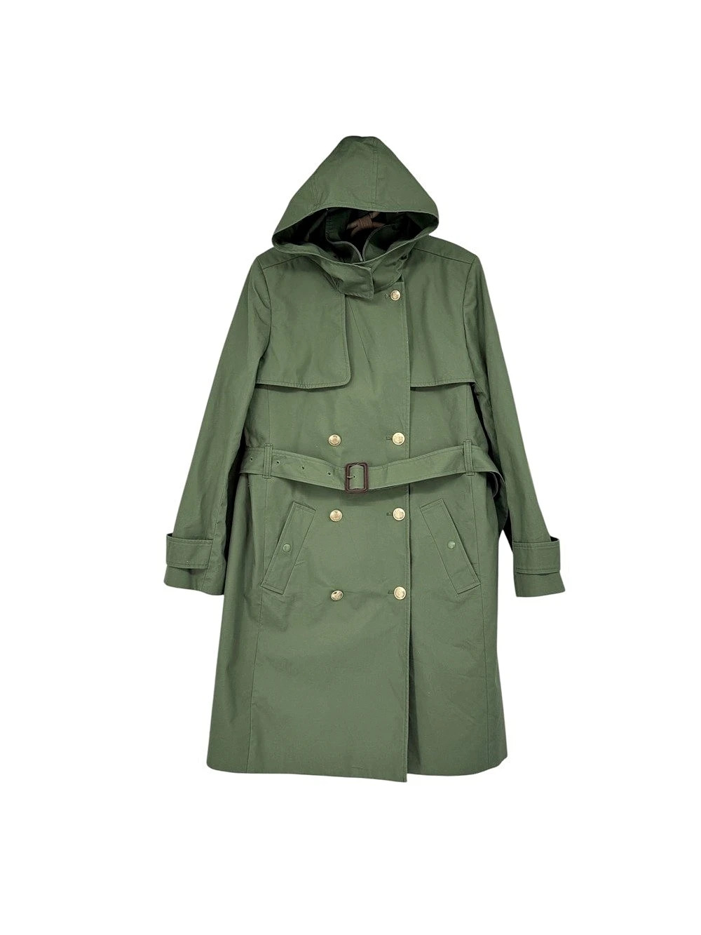 J Crew Icon Olive Green Belt Trench Coat Removable Hood Gold Crest Size XL BF456